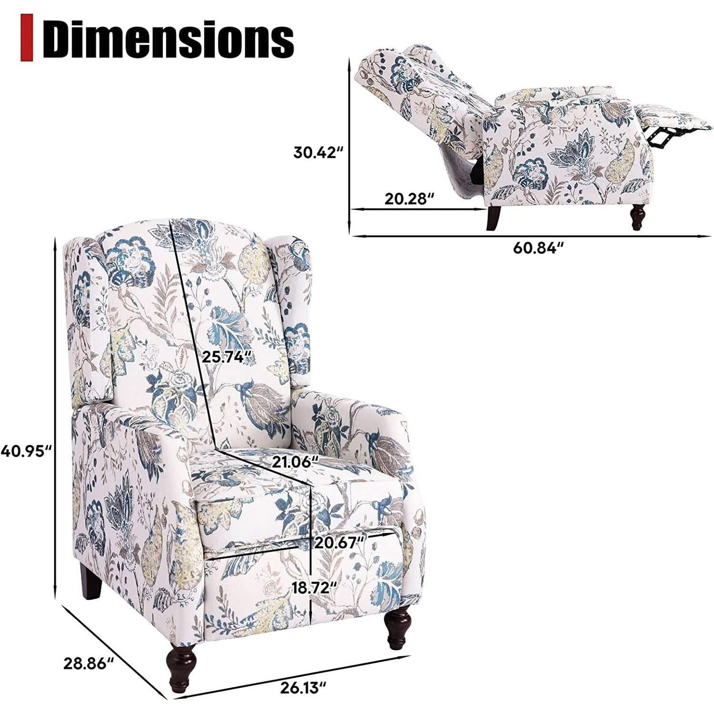 Upholstered Wingback Recliner Chair Blue Floral Elegant