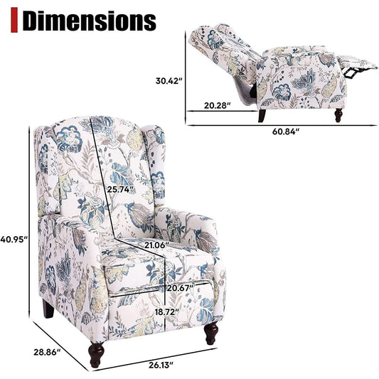 Upholstered Wingback Recliner Chair Blue Floral Elegant