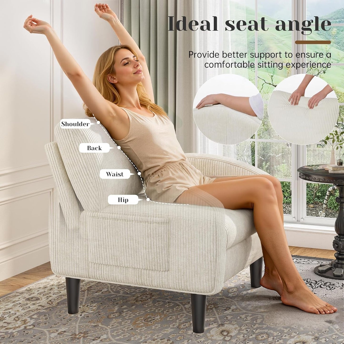 Beige Upholstered Midcentury Modern Compact Accent Chair
