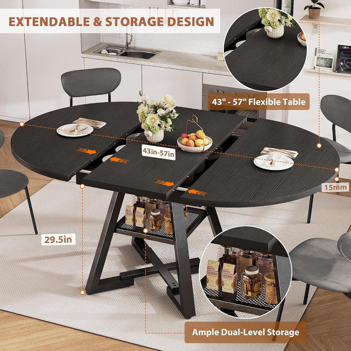 Black Industrial Expandable Oval Dining Table Shelves