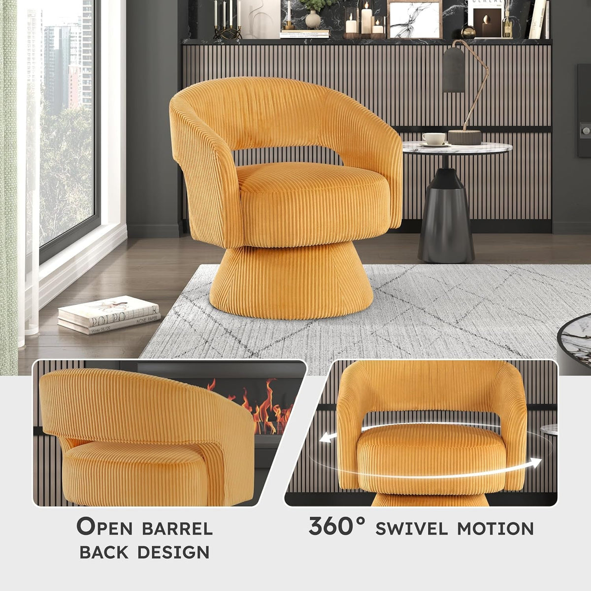 360Degree Swivel Accent Chair Corduroy Yellow Office