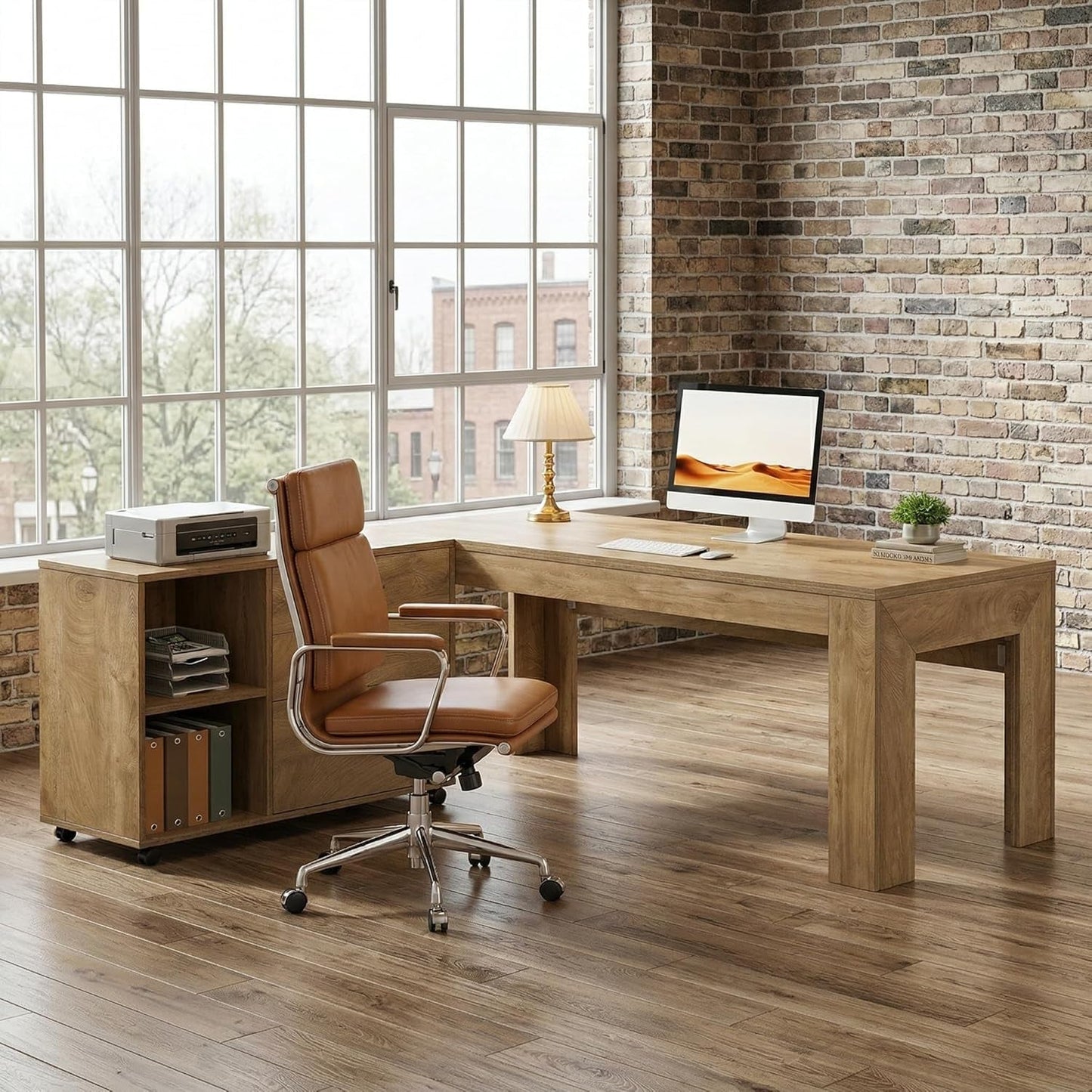 Sixty Three Inch L Shaped Desk WithStorage Drawers Brown Finish Executive Desk Premium