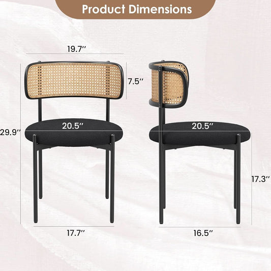Set Of 4 Dining Chairs Mid Century Modern Rattan Back Upholstered Sherpa Black