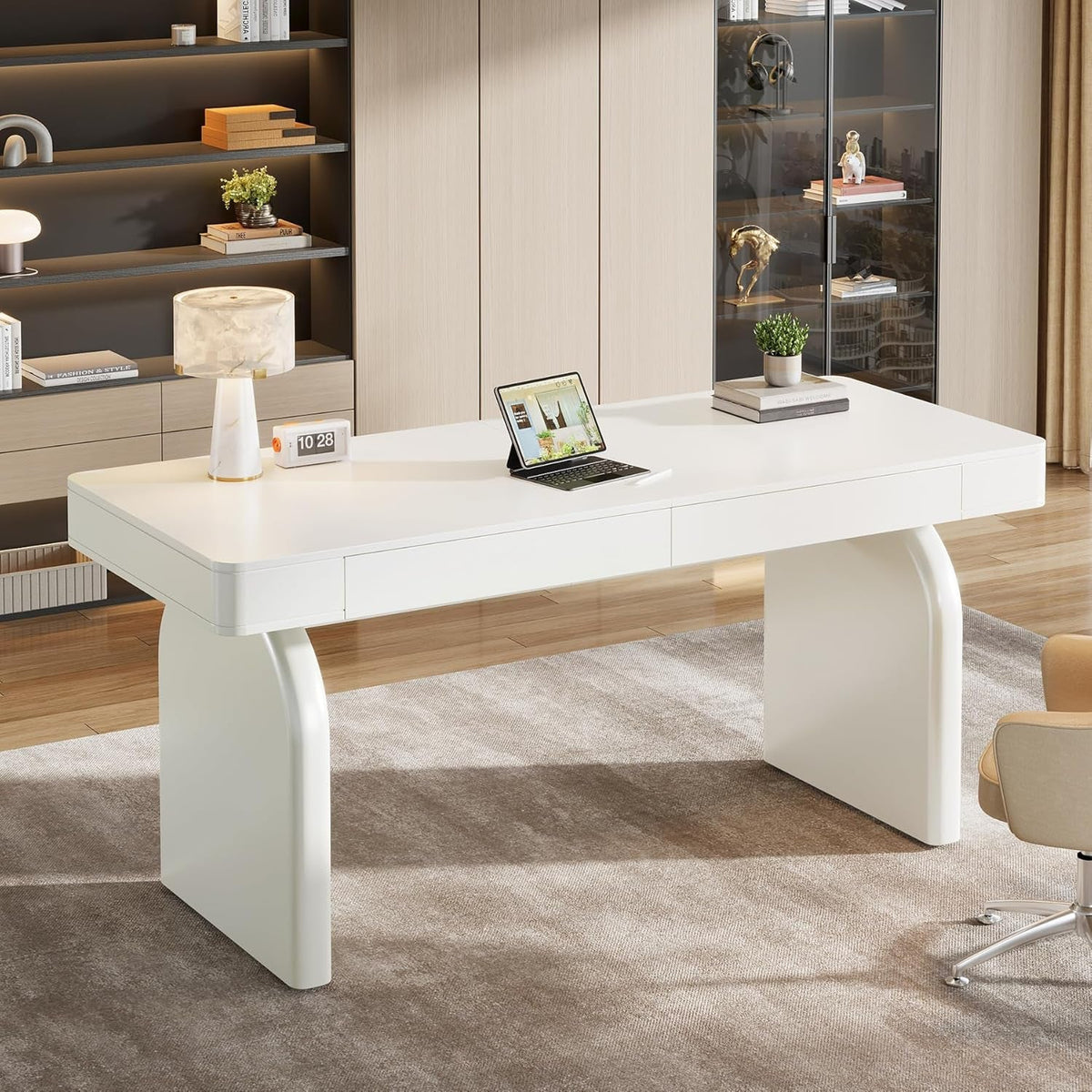 63 Inch White Desk With Drawers Modern Office Desk