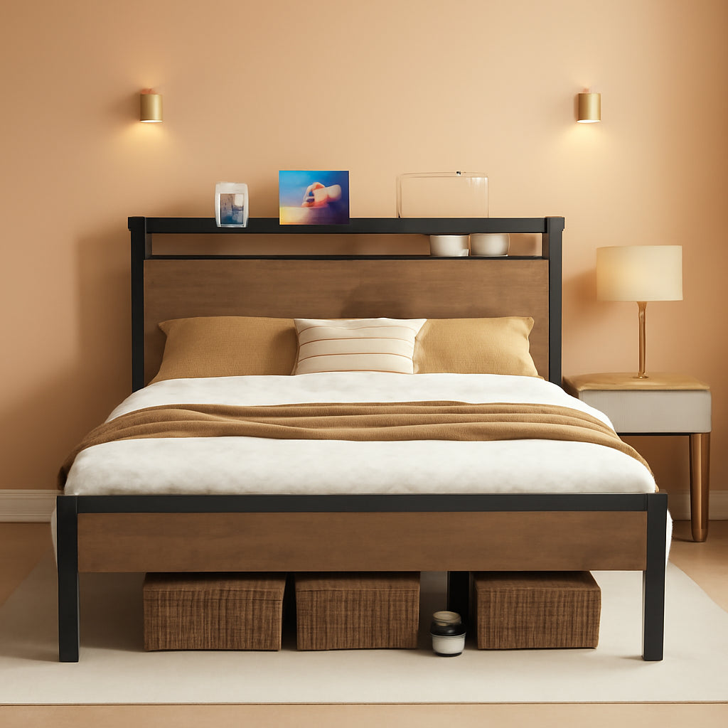 Queen Bed Frame Distressed Brown Storage Headboard