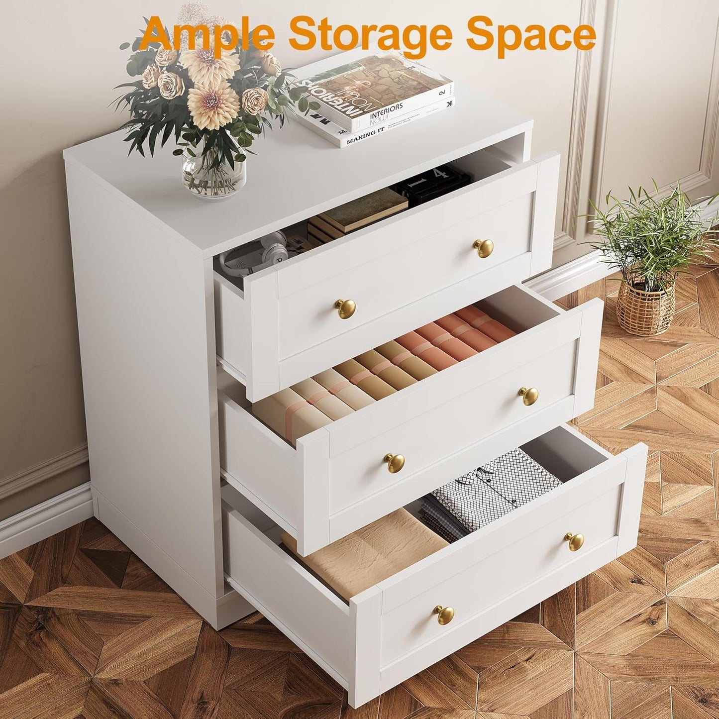 White Contemporary Solid Wooden Three Drawer Dresser