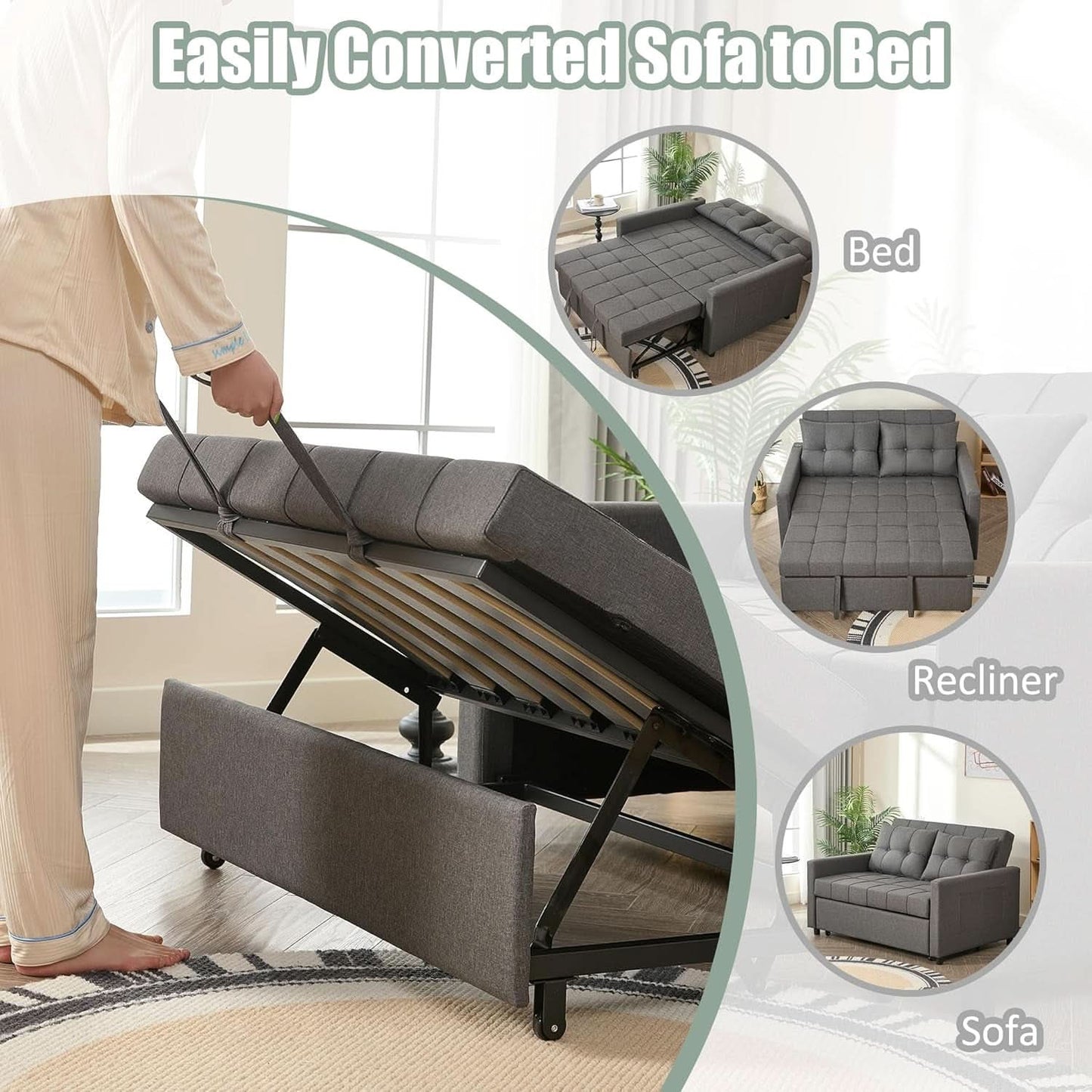 52Inch Sleeper Sofa With Pullout Bed Gray Fabric Upholstery