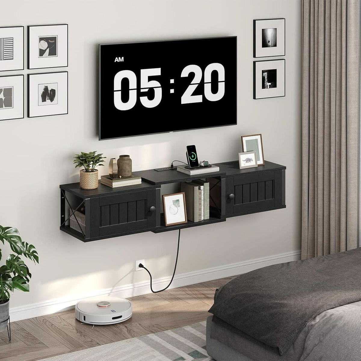 Black Floating TV Stand With Integrated Power Outlet USB