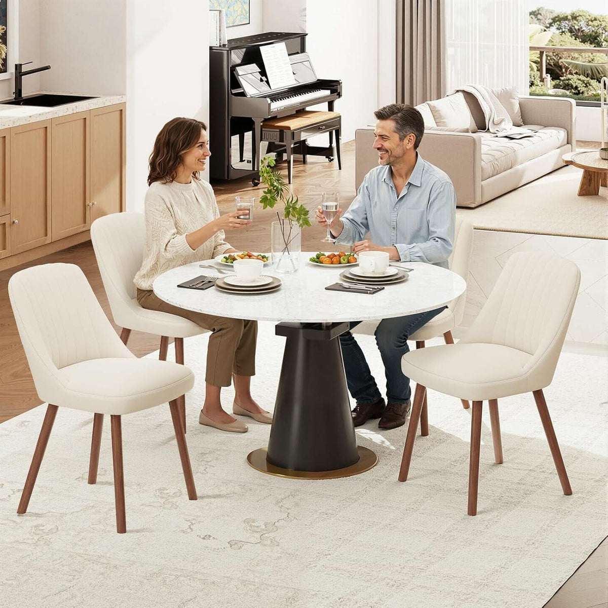 Beige Upholstered Dining Chairs With Contemporary Finish