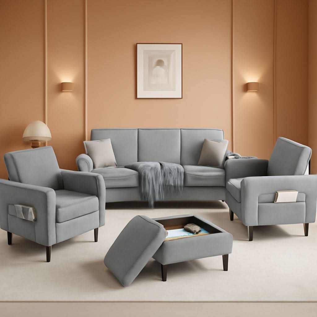 Light Grey Living Room Sofa Set With Movable Ottoman-0
