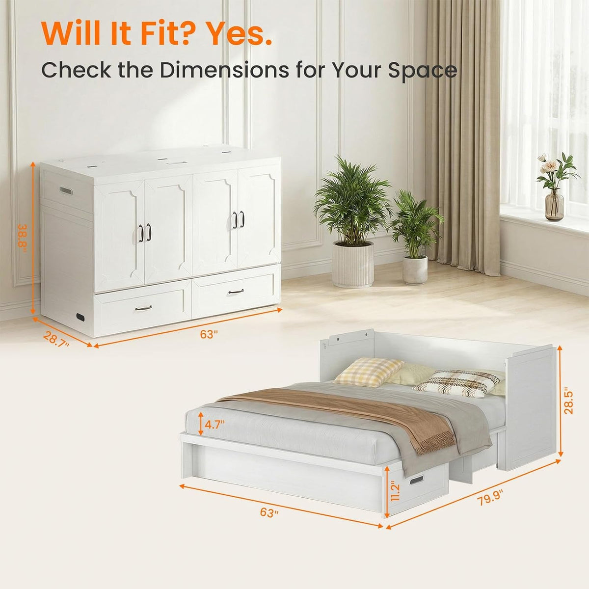 Queen Murphy Bed With Mattress White Storage Drawer-1