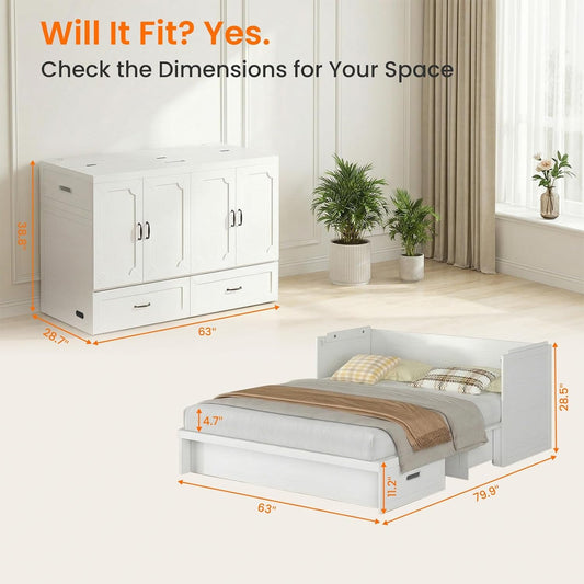 Queen Murphy Bed With Mattress White Storage Drawer-1