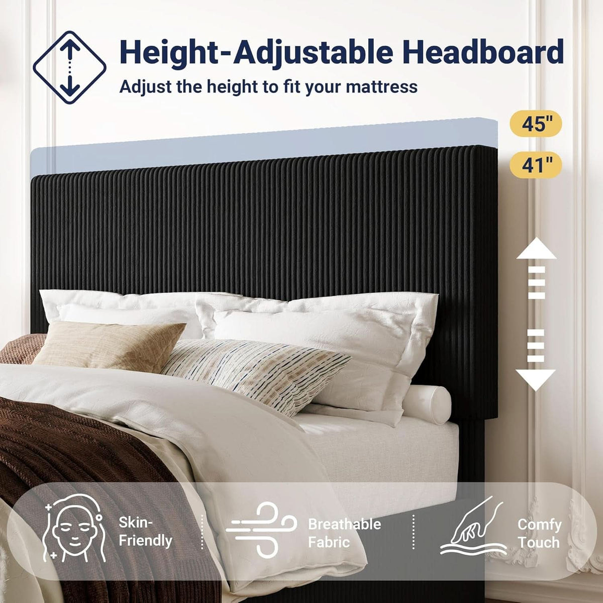 Full Upholstered Platform Bed Frame Corduroy Black