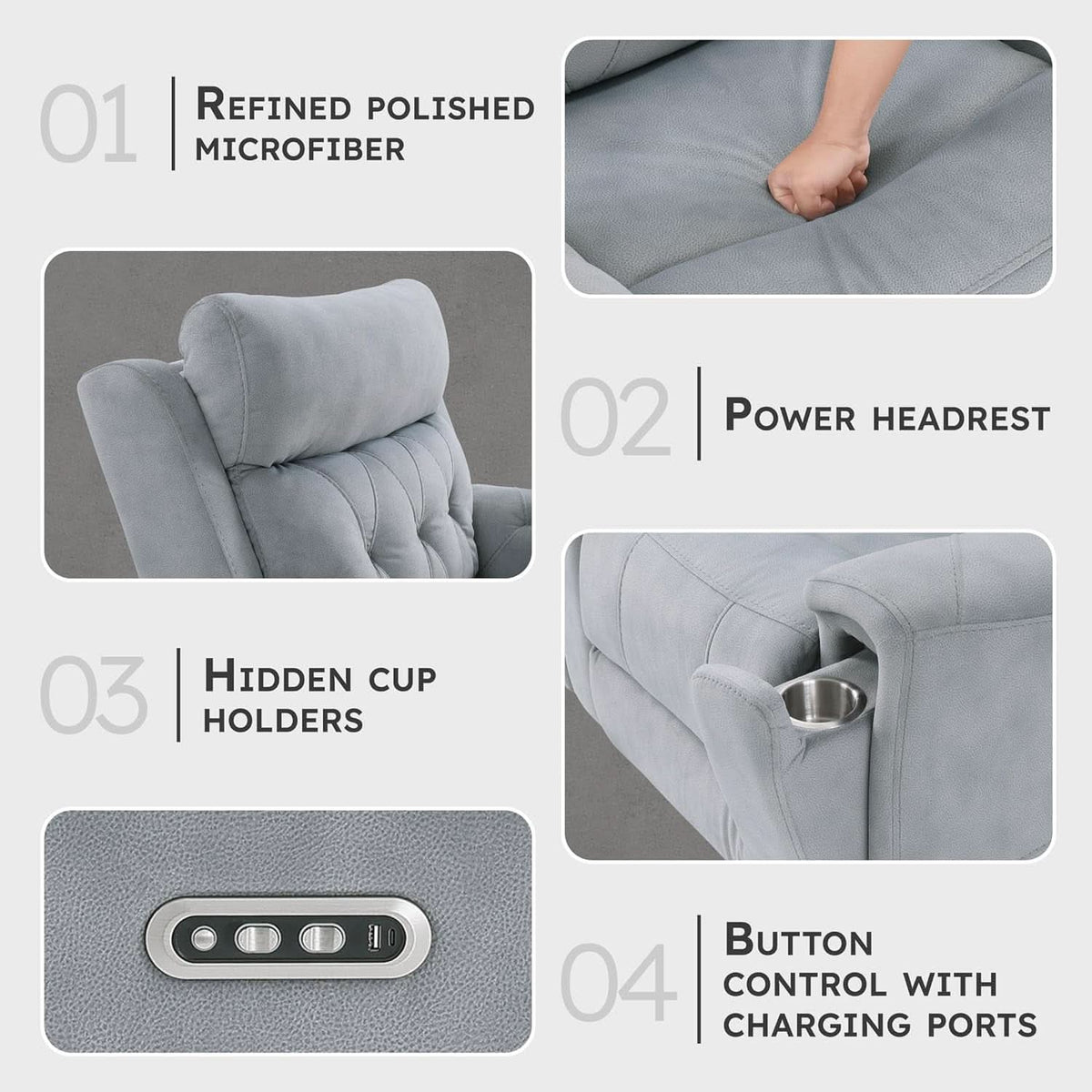 Power Double Reclining Sofa Gray Microfiber Cushioned