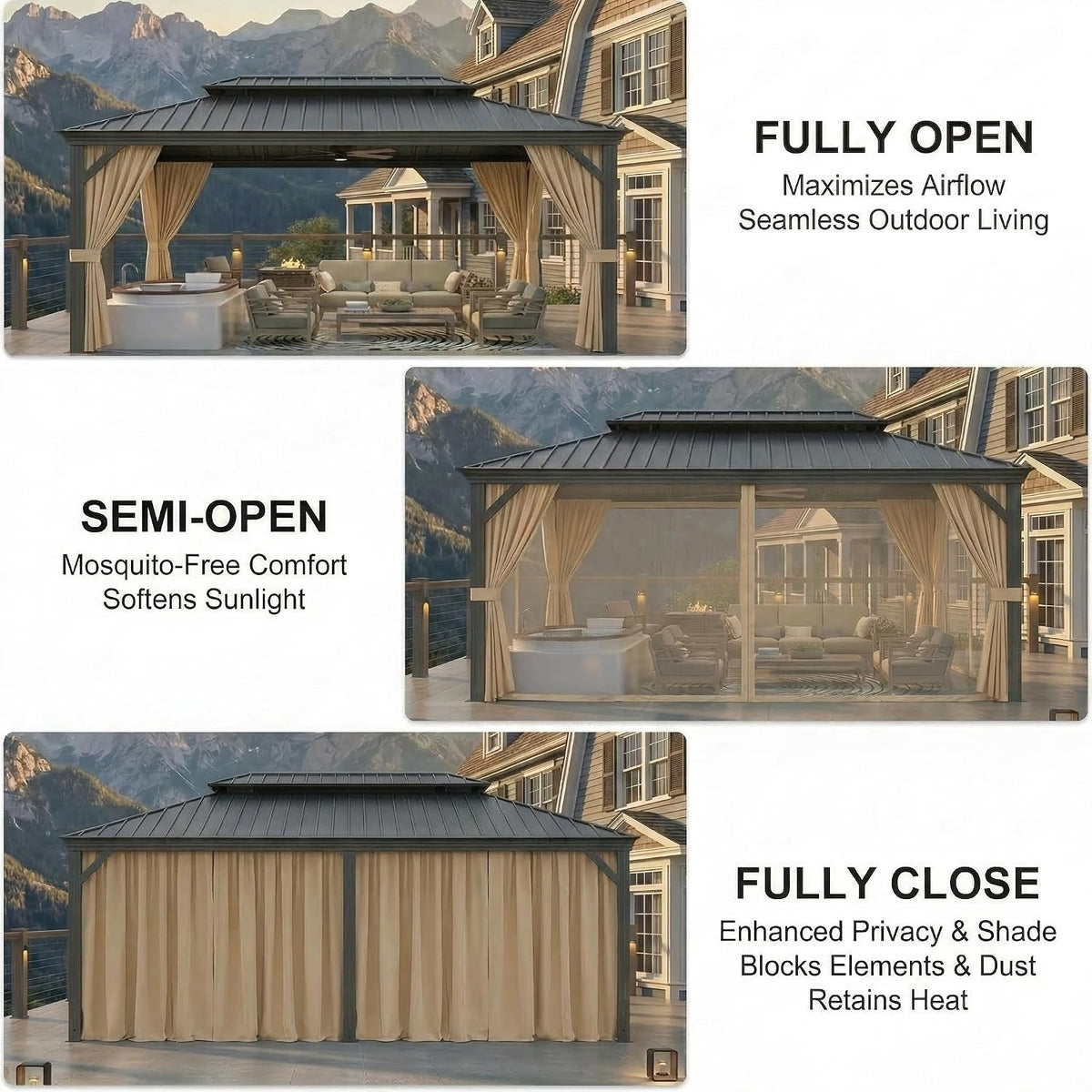 10x15 Hardtop Gazebo With Fireproof Curtain Netting