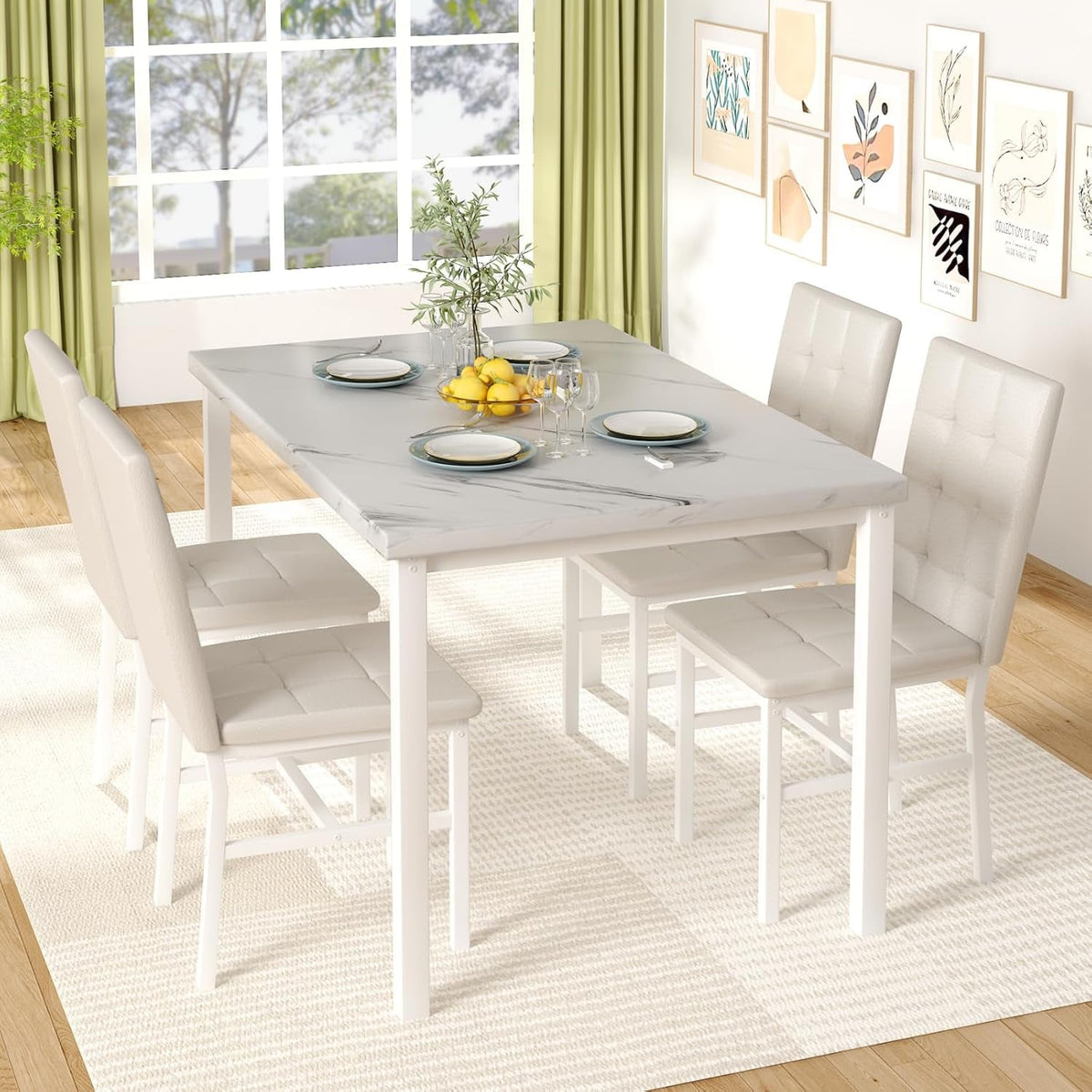 Snow White Marble Patterned Dining Table Set FivePiece