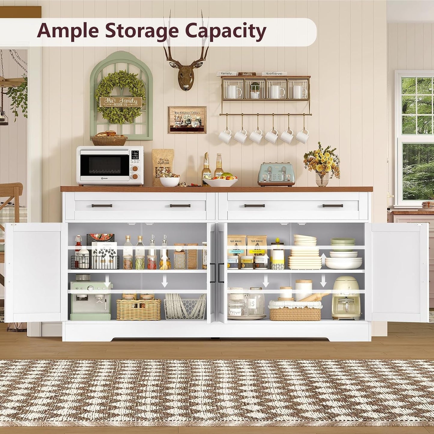 63 Inch White Contemporary Farmhouse Buffet Cabinet
