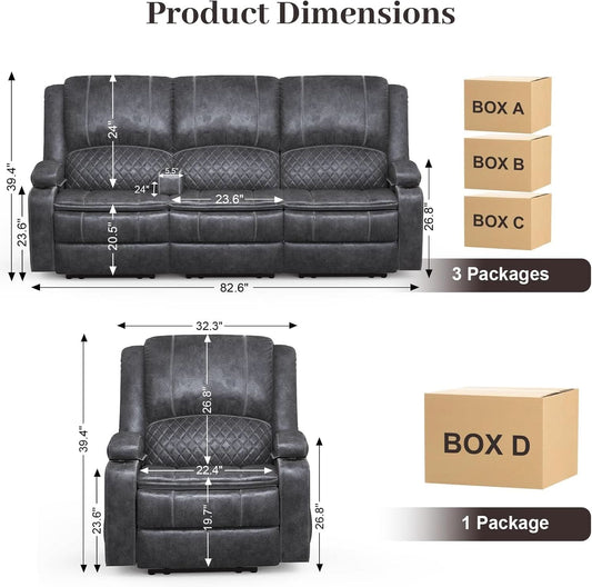 Grey 3 Seater Recliner Sofa Set With Removable Console For Living Room Comfort And Style