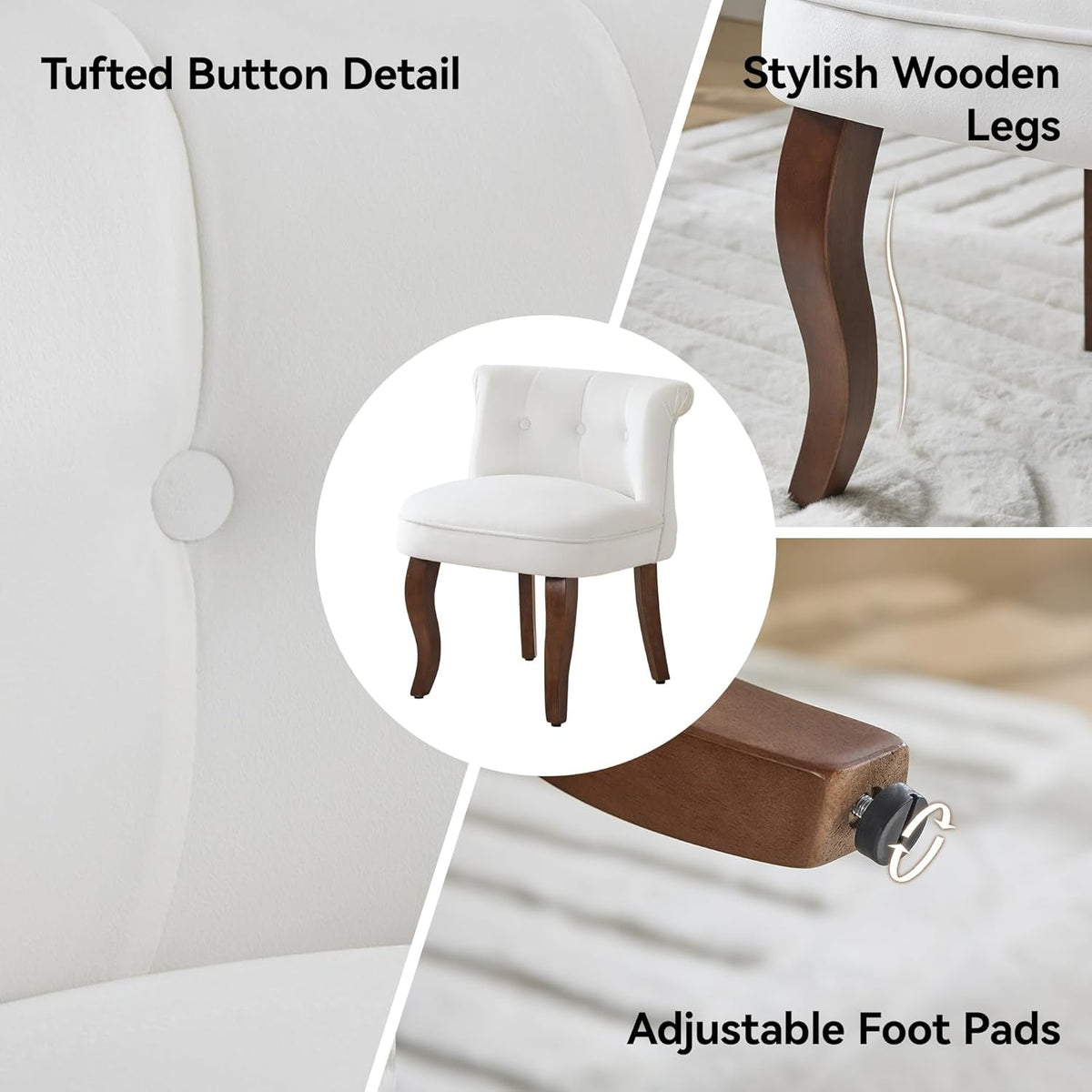 Elegant White Velvet Upholstered Tufted Vanity Chair
