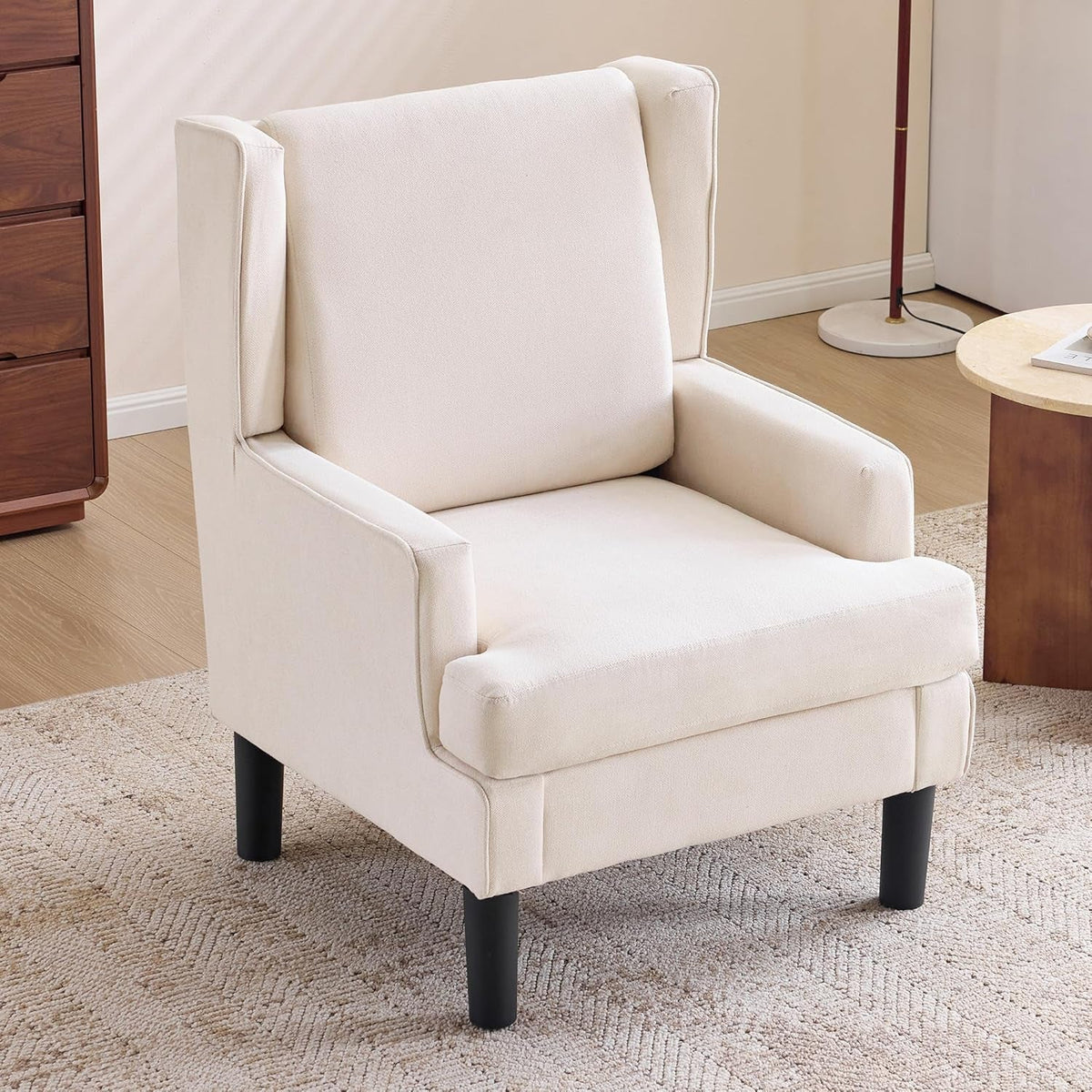 Beige Wingback Accent Chair High Backrest Upholstered