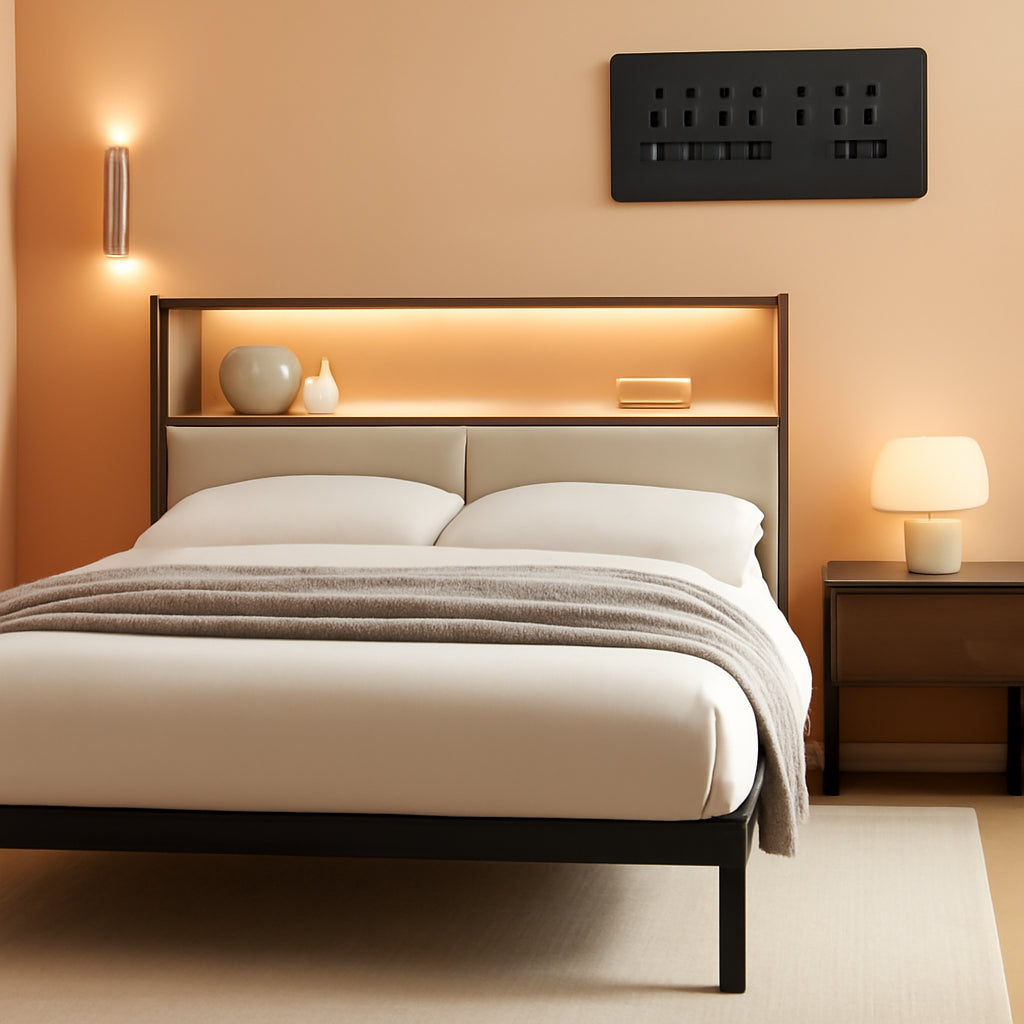 Queen Bed Frame With Two Tier Storage Cabinets Beige