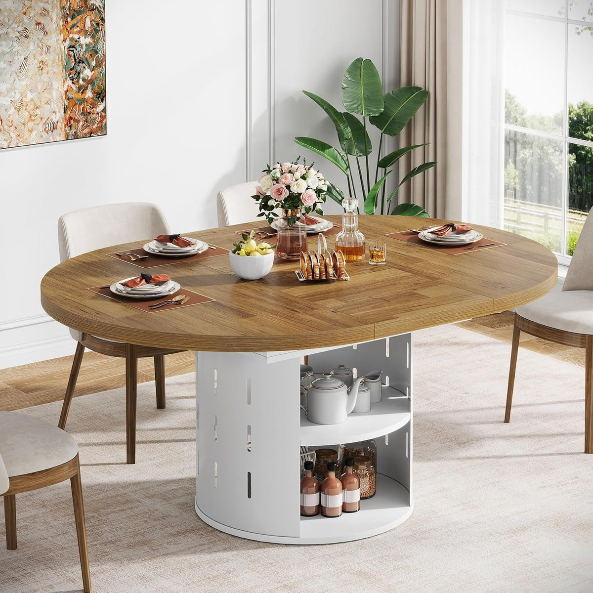 Extendable Round Dining Table FortyThree Inch Storage Cabinet