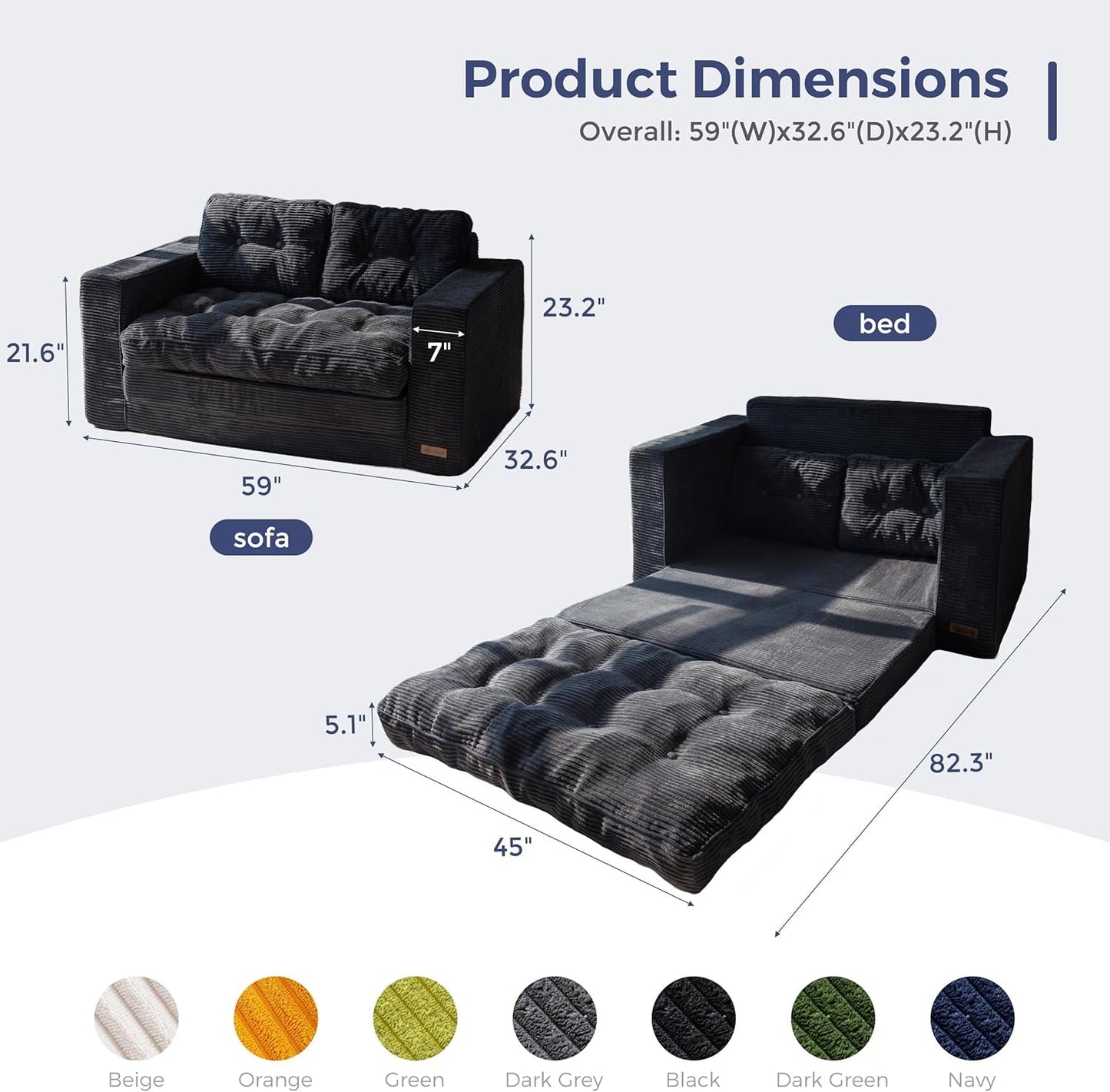Black Convertible Sofa Bed Includes Pullout Sleeper