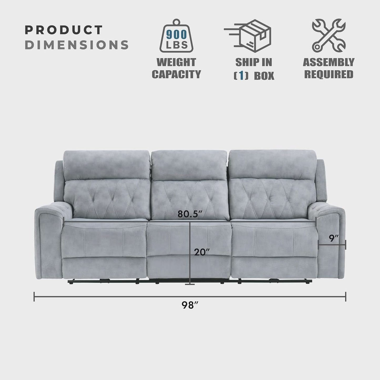 Power Double Reclining Sofa Gray Microfiber Cushioned