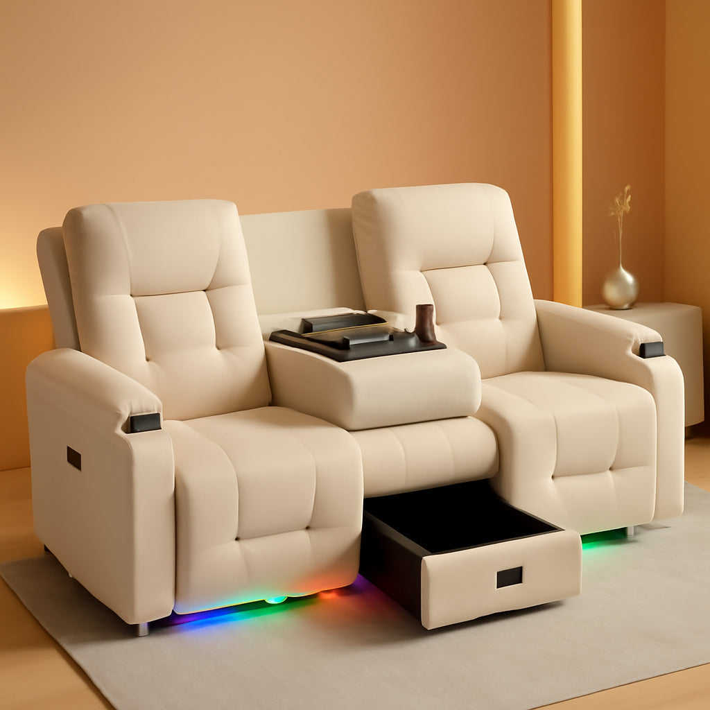Power Loveseat Recliner Sofa Beige Ambient Lighting