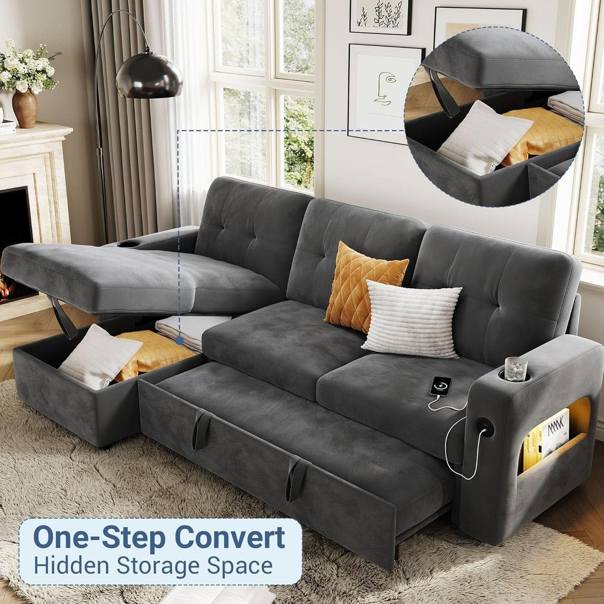 84 Inch Sleeper Sofa Bed Dark Grey Velvet With LED Storage