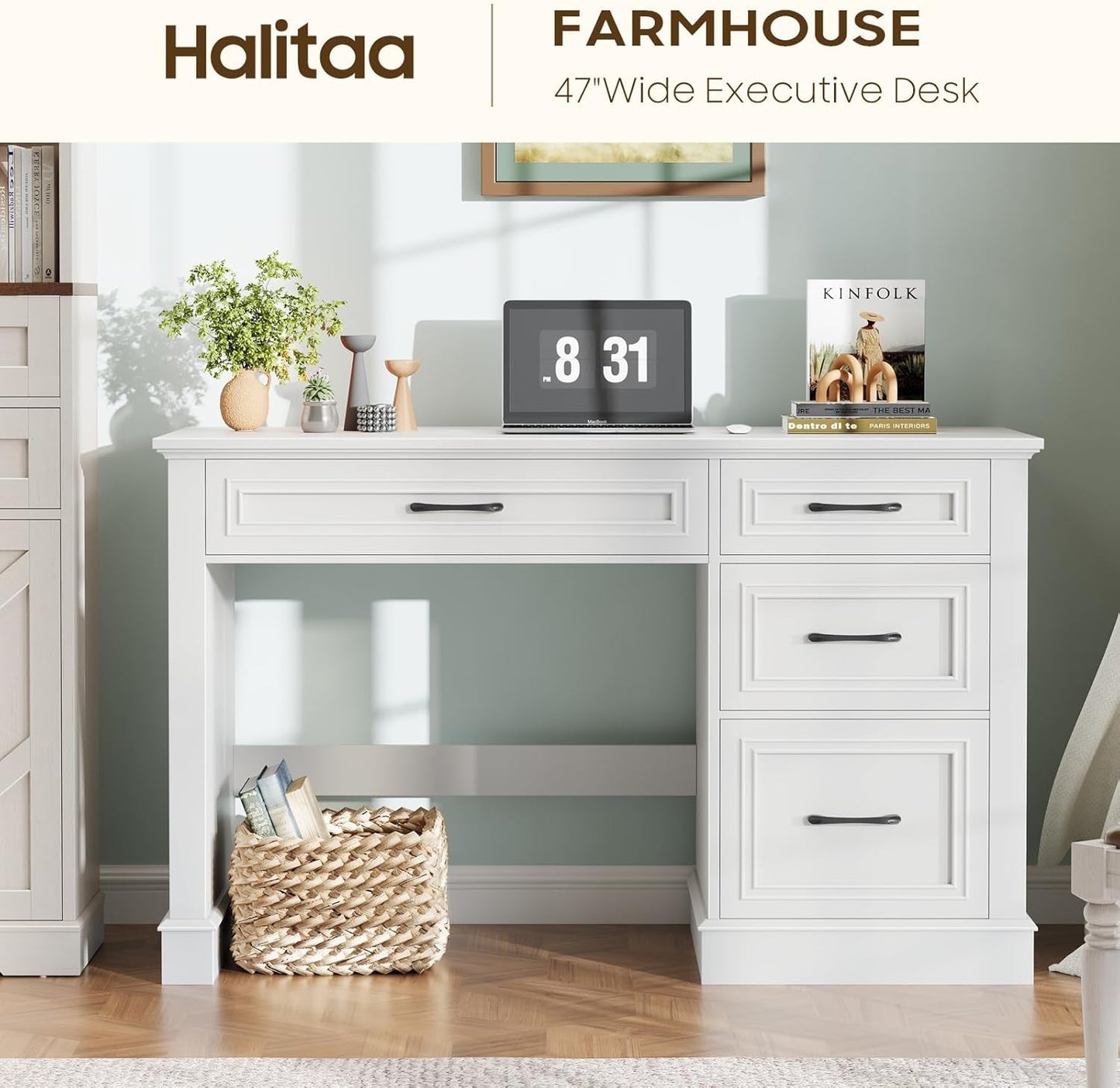Cream White Farmhouse Executive Desk Featuring Drawers