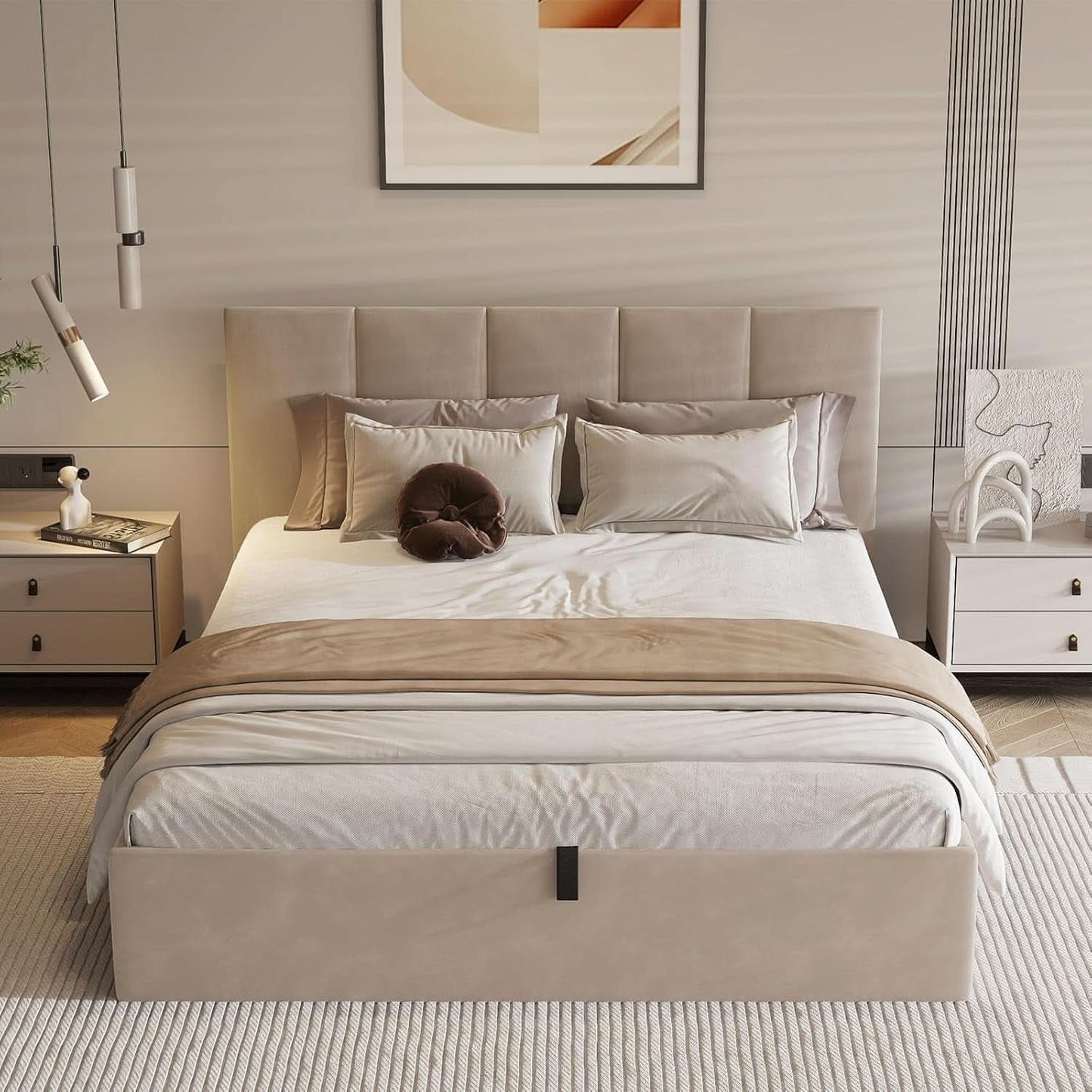 Queen Size Hydraulic Lift Storage Bed Beige Linen Upholstered