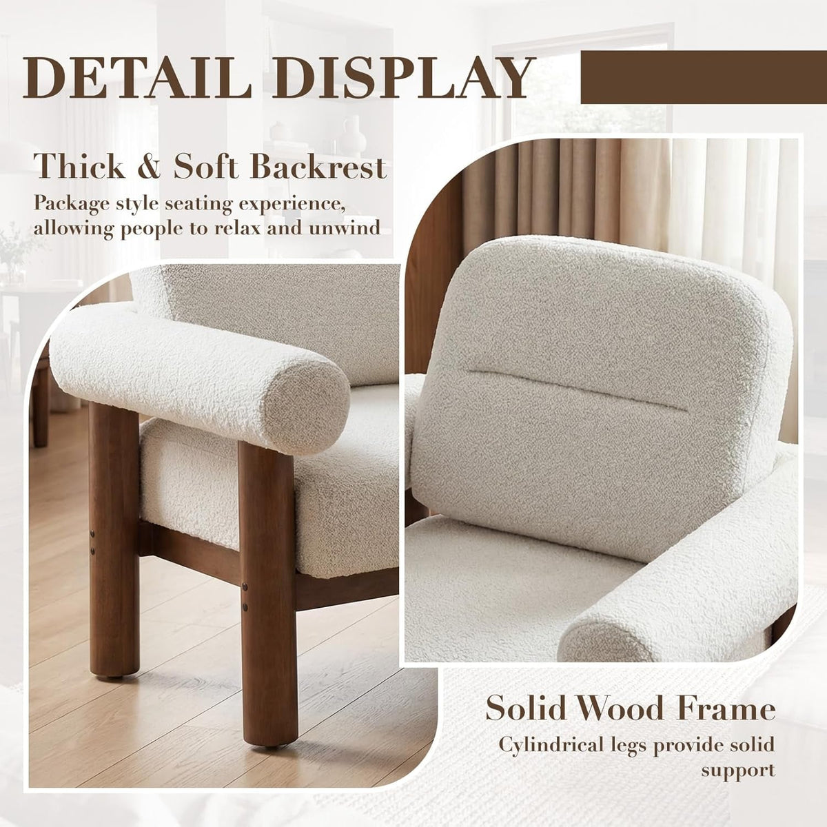 Beige Boucle Upholstered Barrel Chair With SolidWood