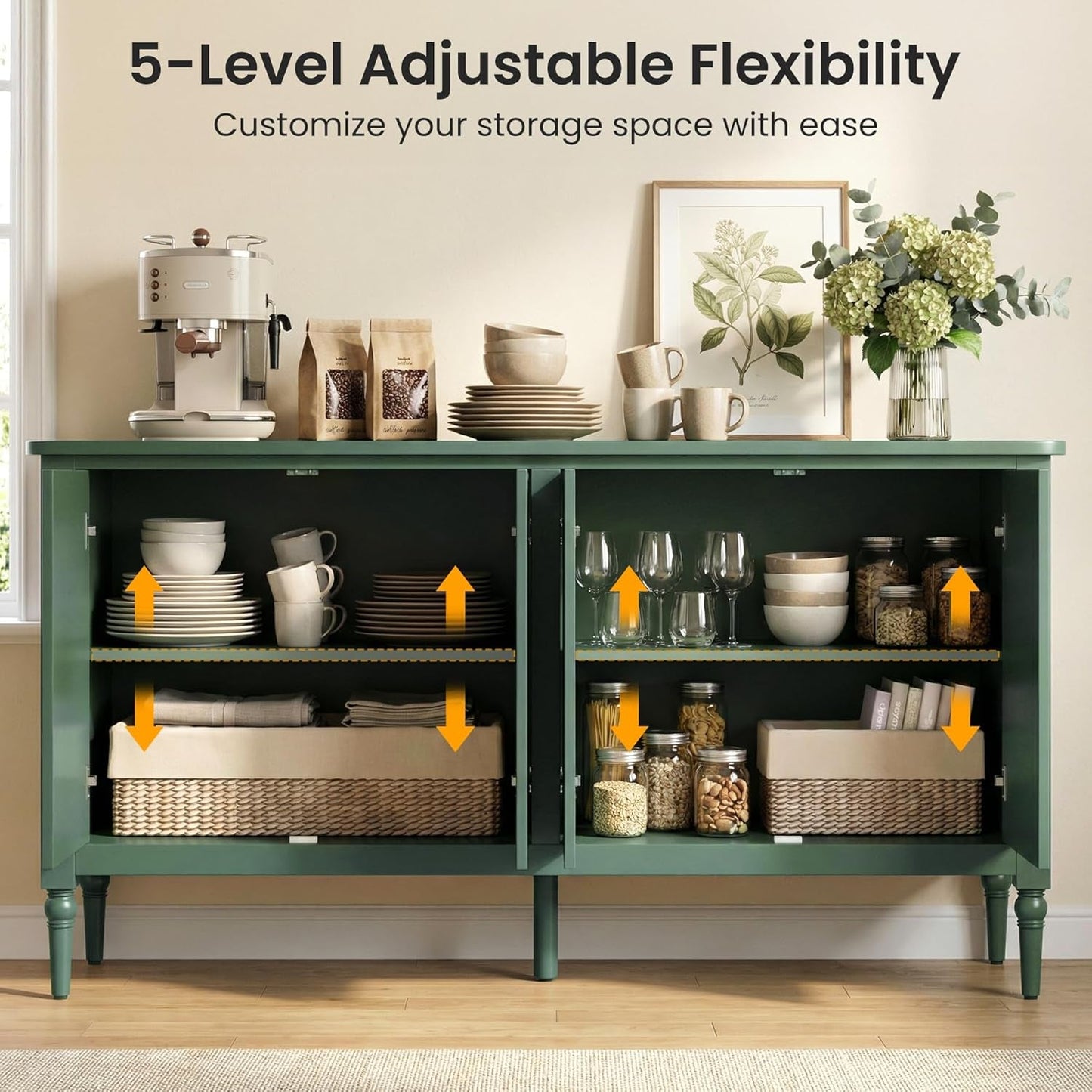 Forest Green Buffet Cabinet With Adjustable Shelves