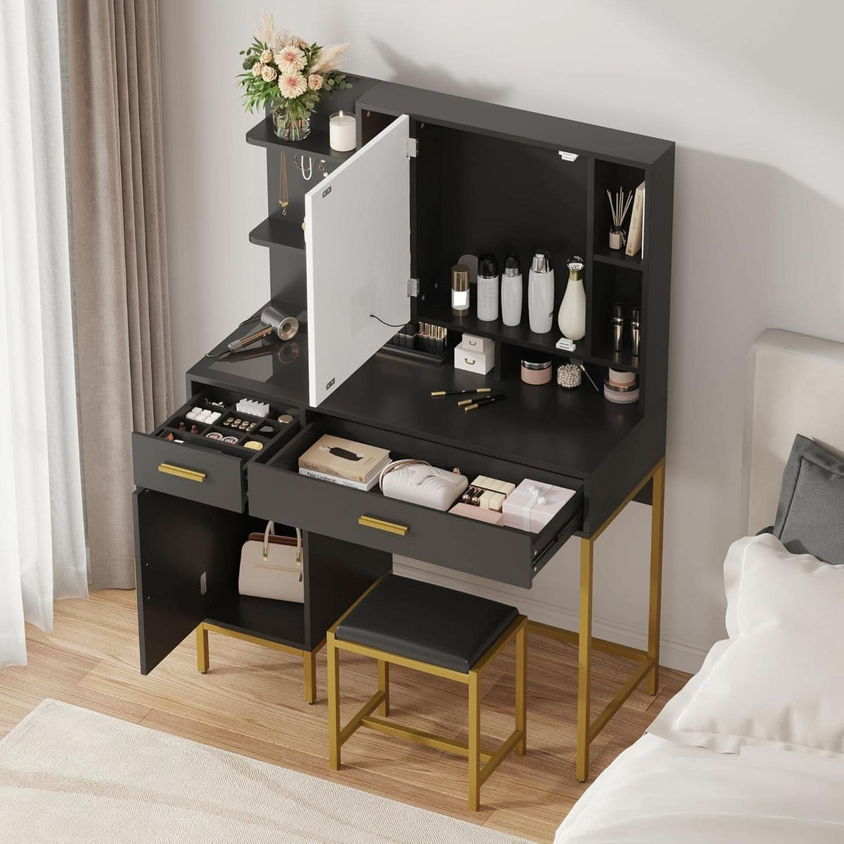 Black Vanity Desk With Multifunctional LED Lighting