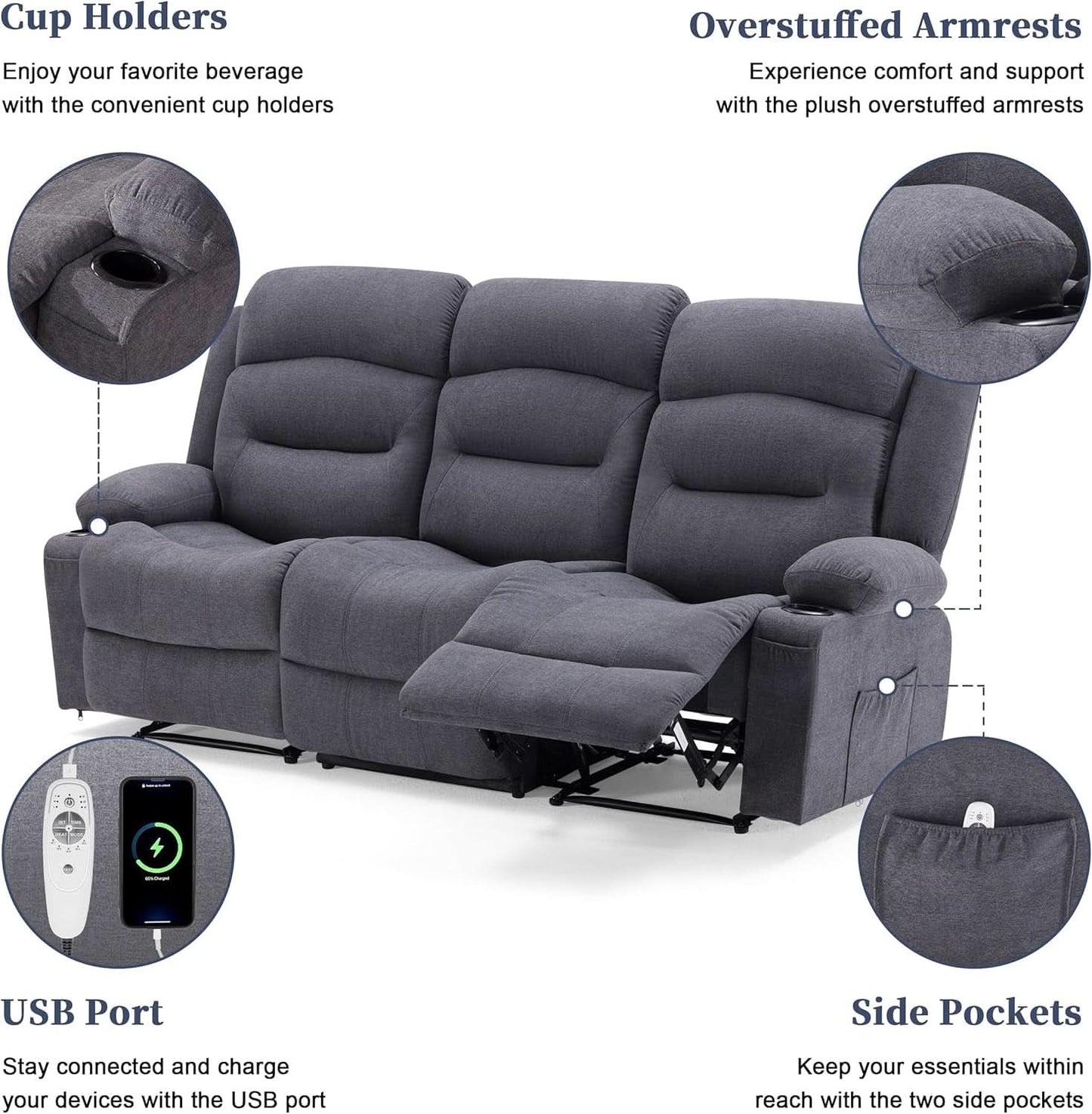 Grey Recliner Sofa With Therapeutic Massage Experience