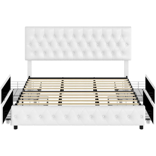 Queen Upholstered Bed Frame With Under Bed Drawers