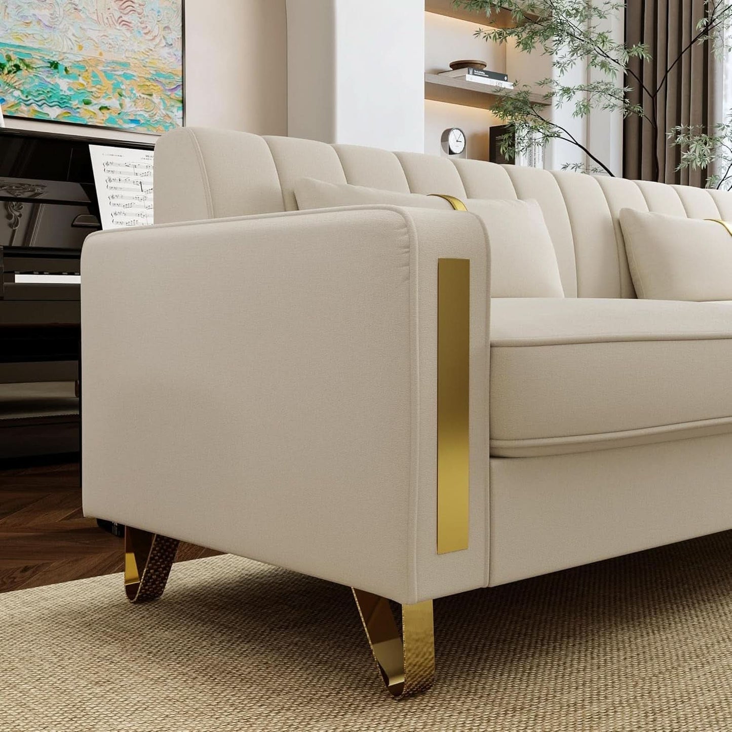 86 Inch Beige Velvet Loveseat With Gold Metal Legs Modern