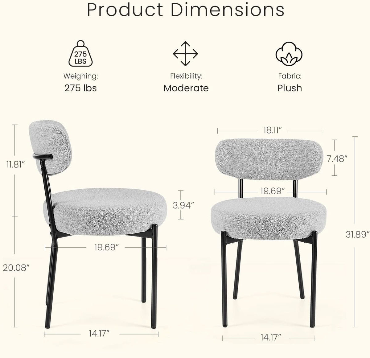 Industrial Boucle Upholstered Dining Chairs Light Grey