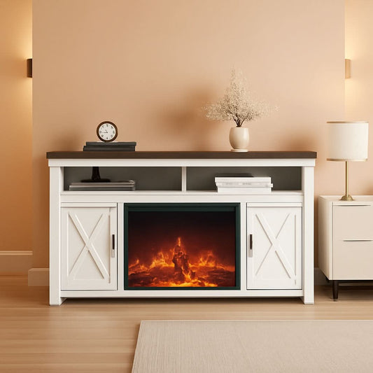 58 Inch White Farmhouse Fireplace TV Stand Cabinet