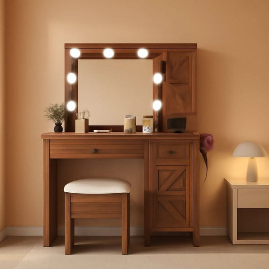 Contemporary Rustic Brown Vanity Desk With Lighting