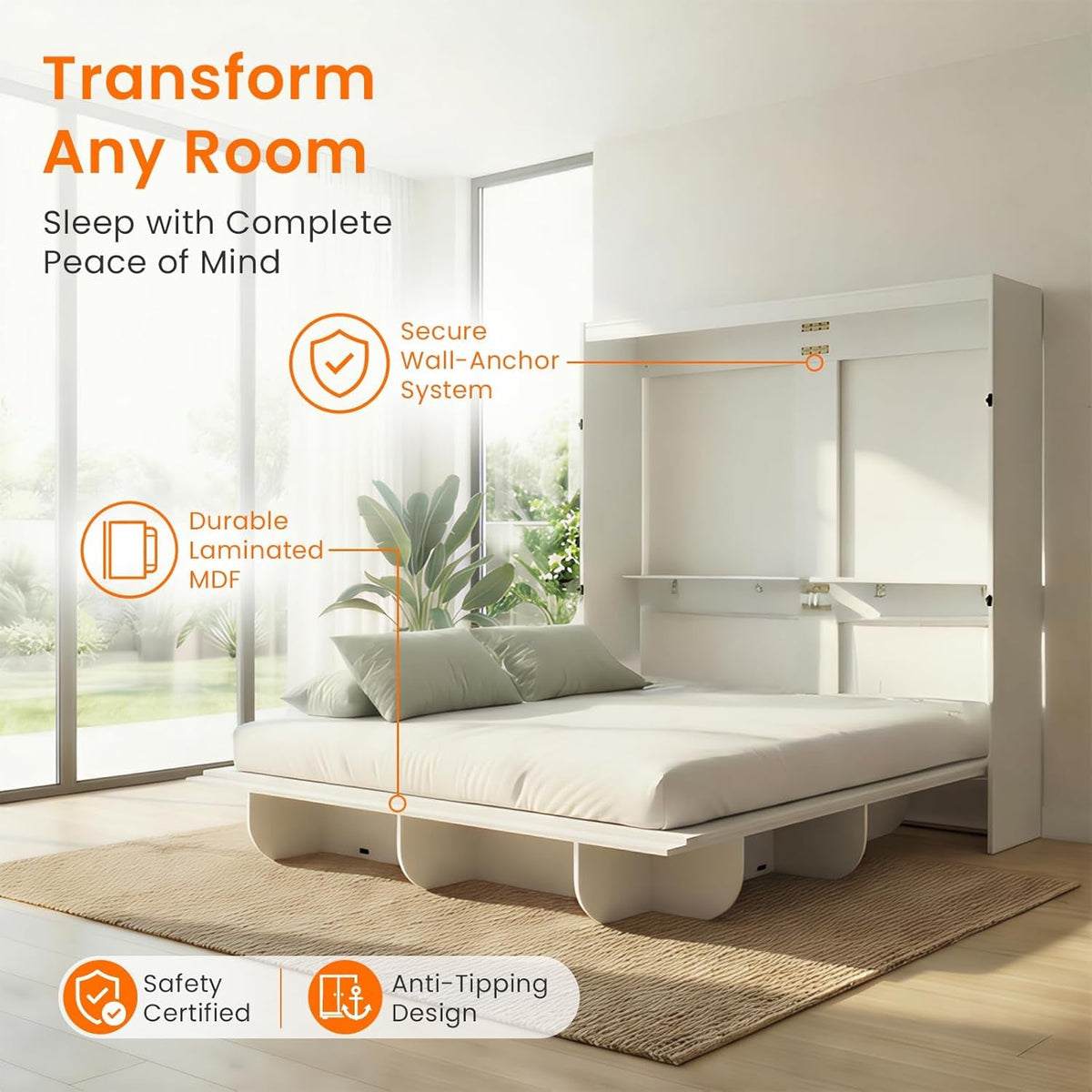 White Queen Murphy Bed With Integrated Storage Shelf-2