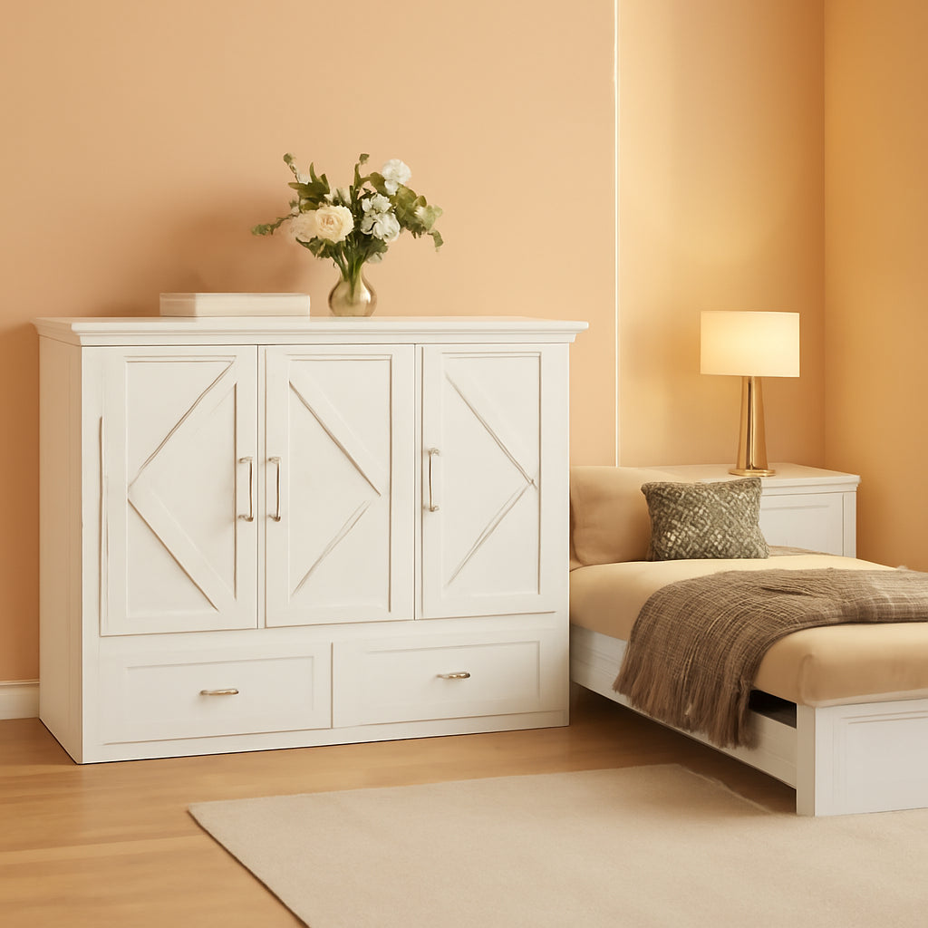 White Queen Murphy Cabinet Bed With Storage Drawers-0