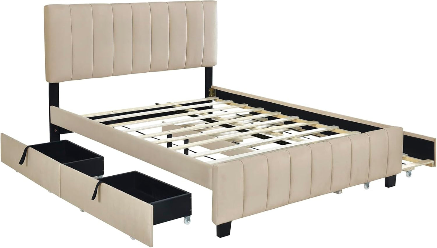 Queen Beige Velvet Upholstered Platform Bed Trundle