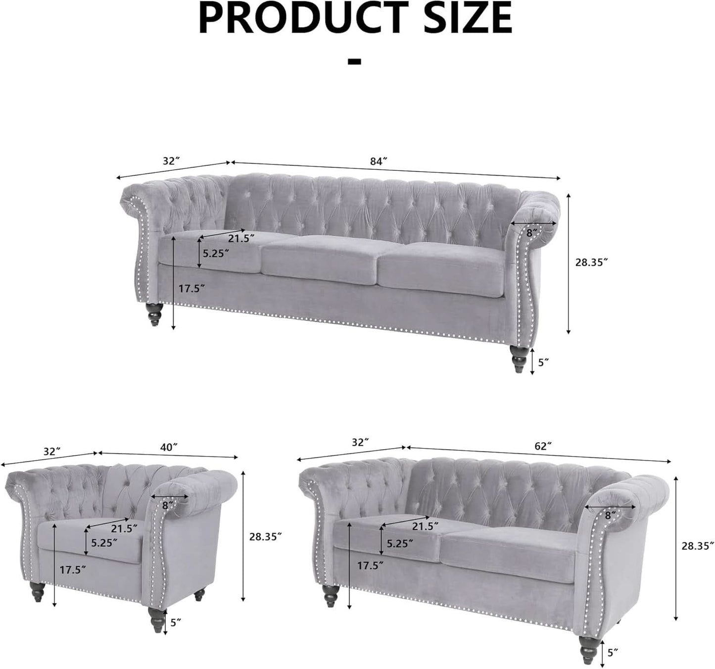 Three Piece Living Room Sofa Set Grey Velvet Chesterfield Sofa Club Chair Loveseat Nailhead Trim-1