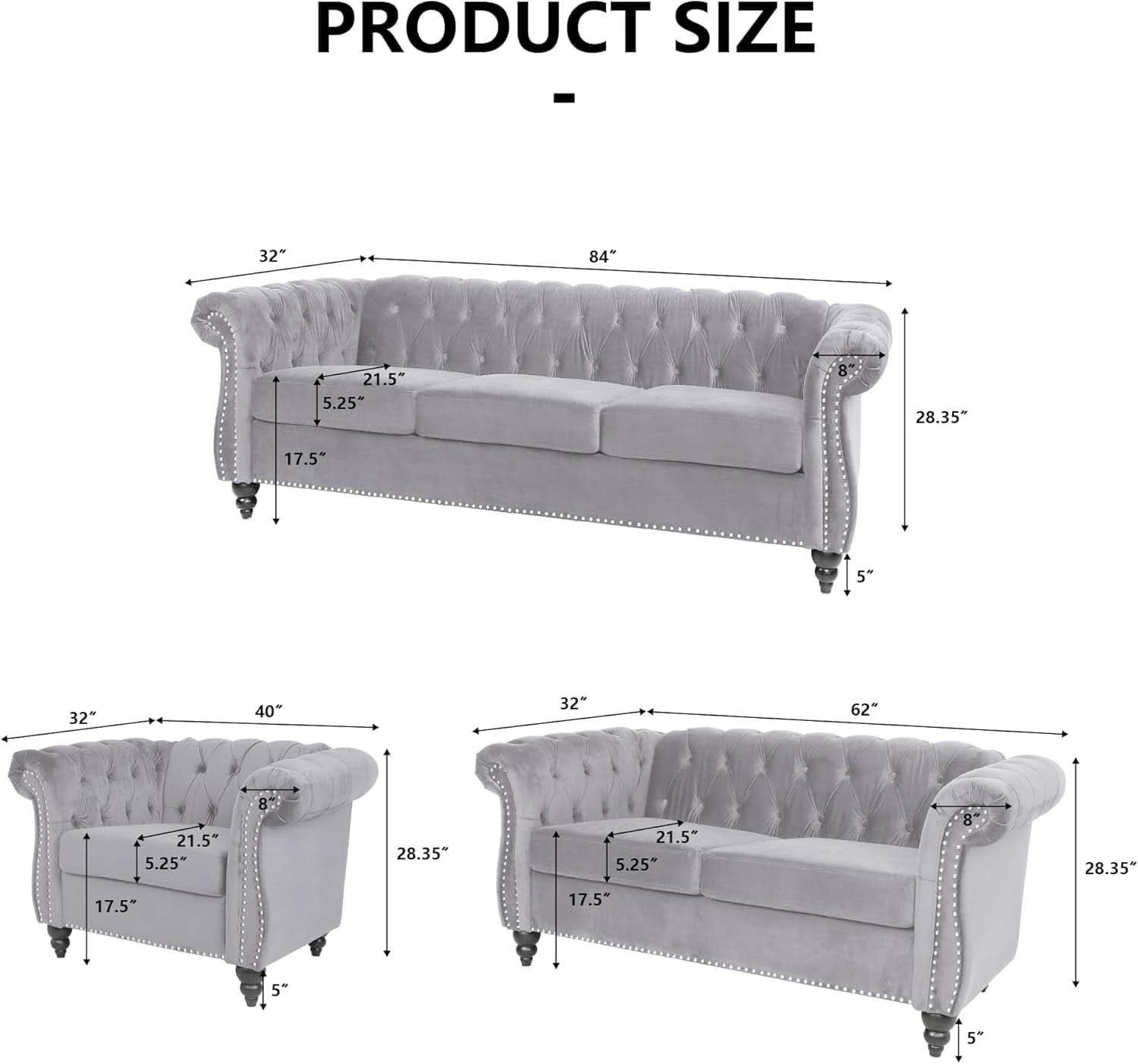 Three Piece Living Room Sofa Set Grey Velvet Chesterfield Sofa Club Chair Loveseat Nailhead Trim-1