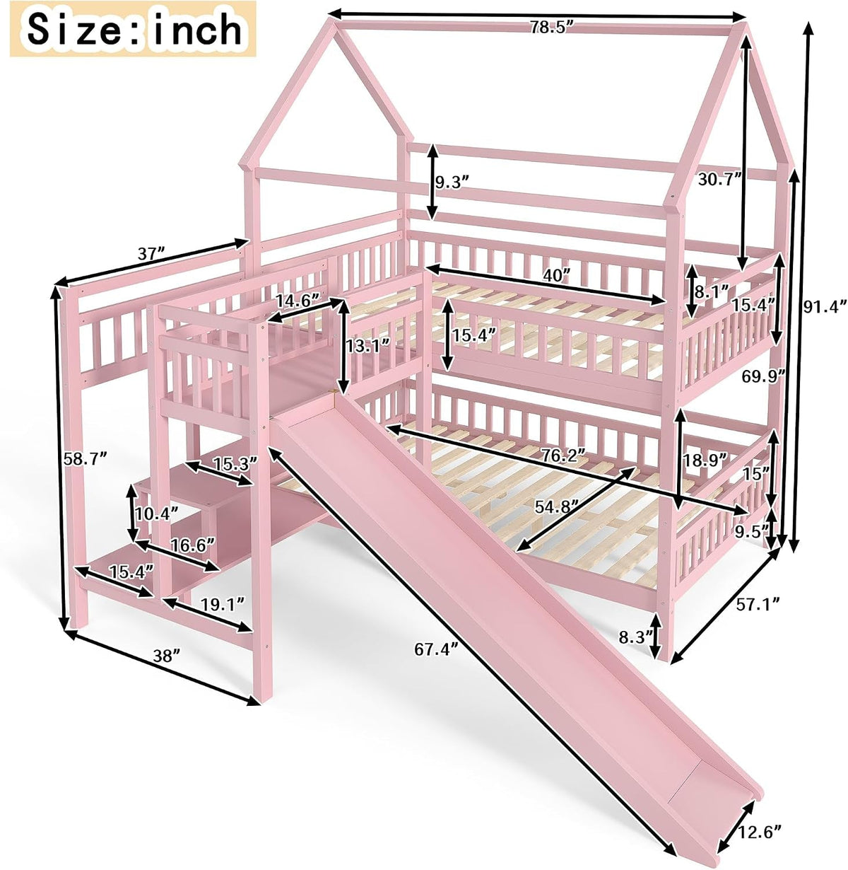 Pink Full Over Full Bunk Bed Playhouse With Stairs Storage