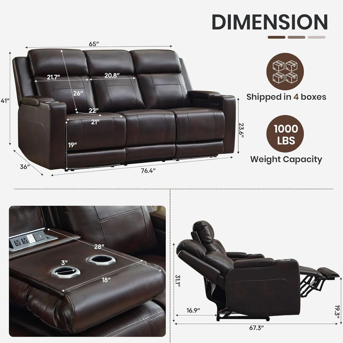 Power Reclining Sofa With Adjustable Headrest Lighting