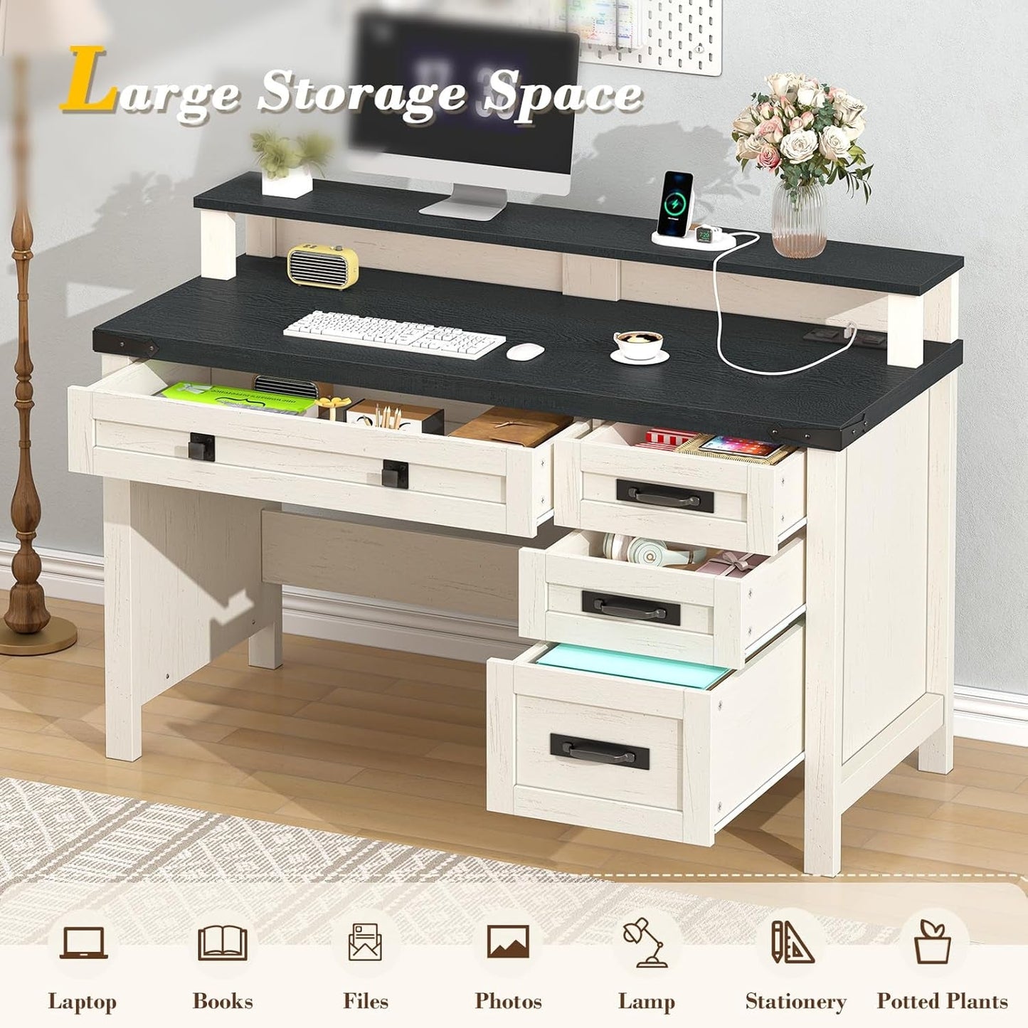 Black White Farmhouse Computer Desk Electrical Outlets