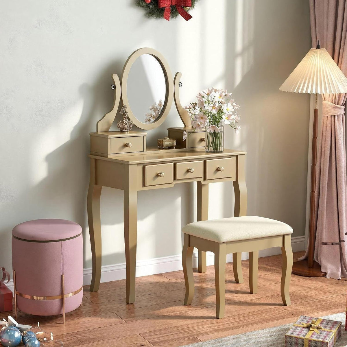 Gold Makeup Vanity Table With Customizable Storage